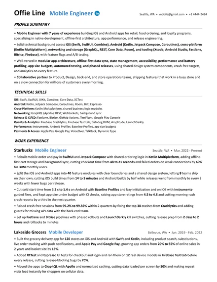 Mobile Engineer resume example