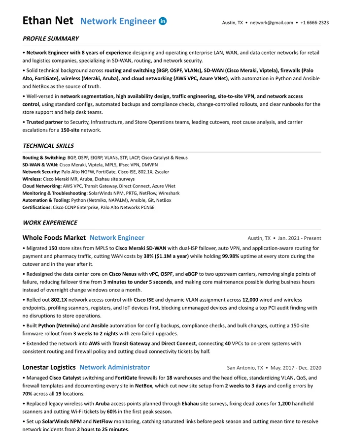 Network engineer resume rewritten by a former Google recruiter
