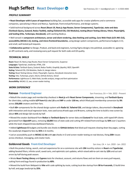 React Developer resume example
