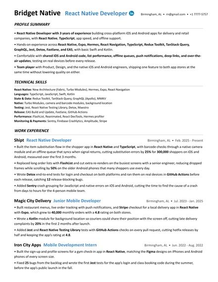 React Native Developer resume example