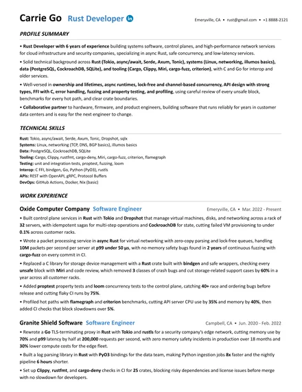 Rust Developer resume example