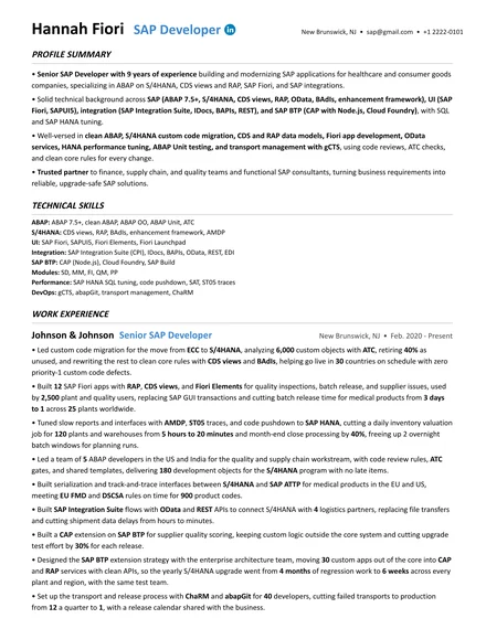 SAP Developer resume example