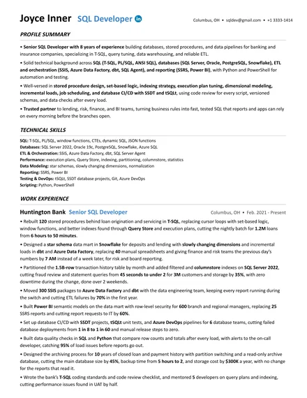 SQL Developer resume example