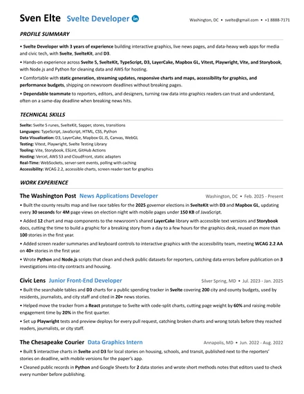 Svelte Developer resume example