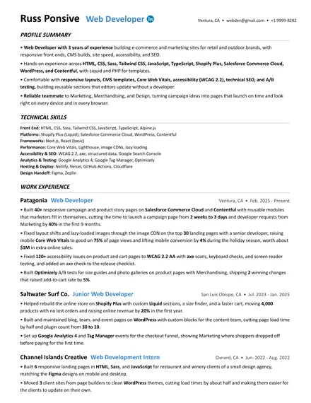 Web Developer resume example