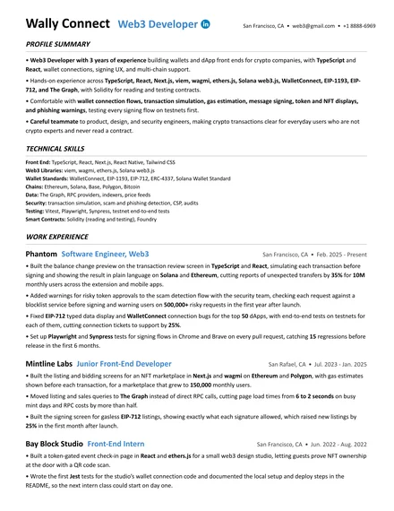 Web3 Developer resume example