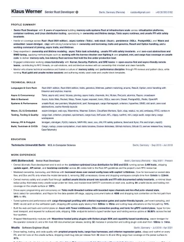 Rust Developer resume template preview