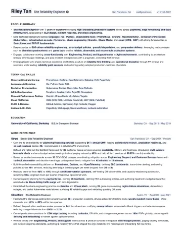 Site Reliability Engineer resume template preview