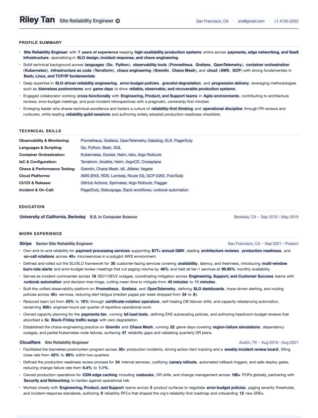 Site Reliability Engineer resume template preview