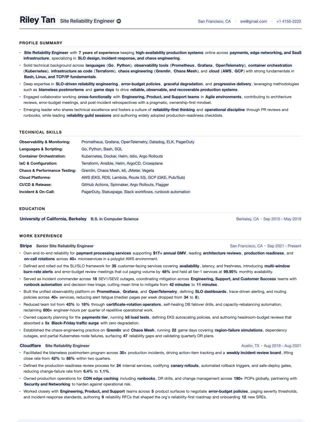 The Site Reliability Engineer resume template, filled in: profile summary, technical skills, education and work experience with the editable placeholders highlighted