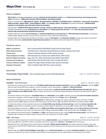 SOC Analyst resume template preview