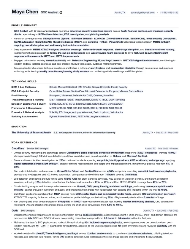 SOC Analyst resume template preview