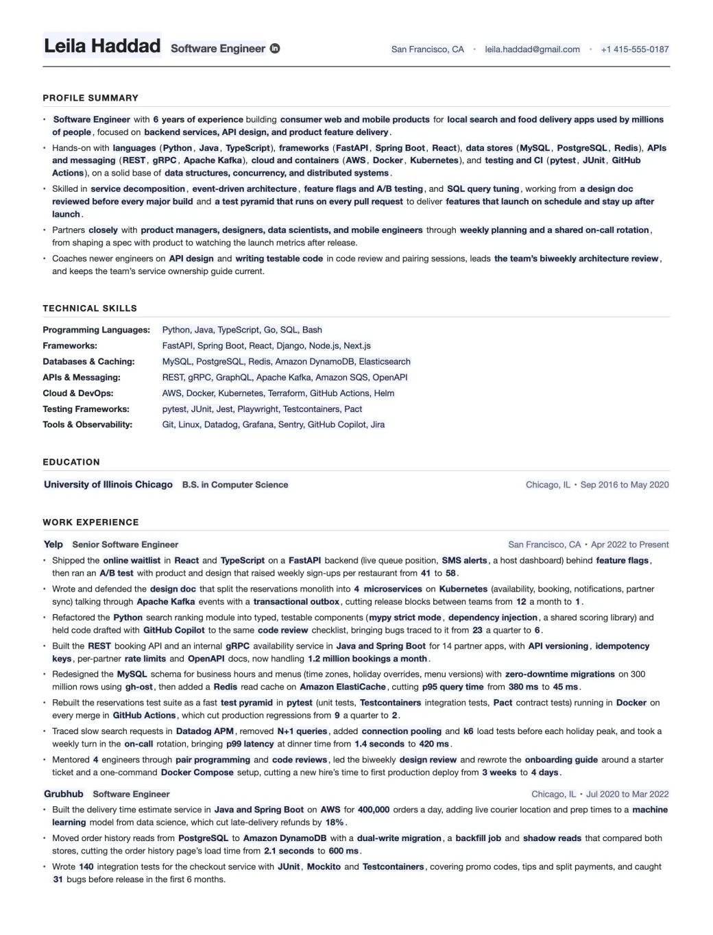 Software Engineer resume template filled in for a Python and Java engineer at Yelp, with the profile summary, technical skills and 8 work experience bullets