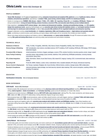 SQL Developer resume template preview