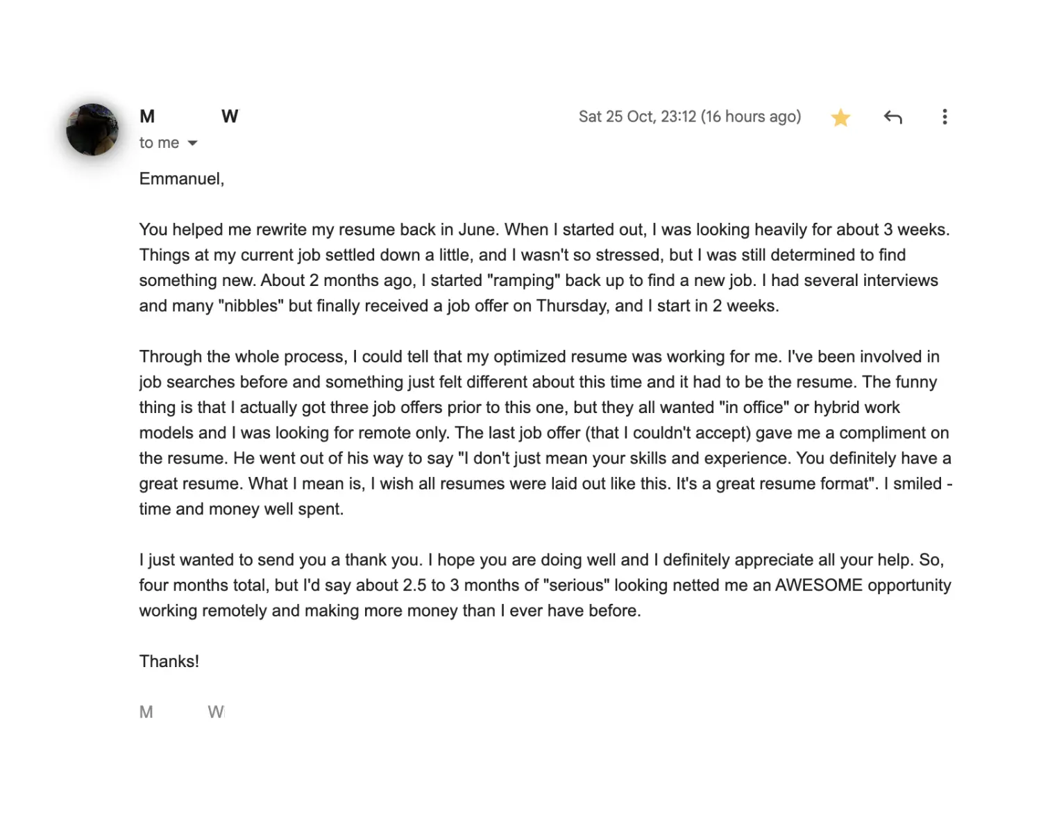 Client email confirming multiple offers and remote start
