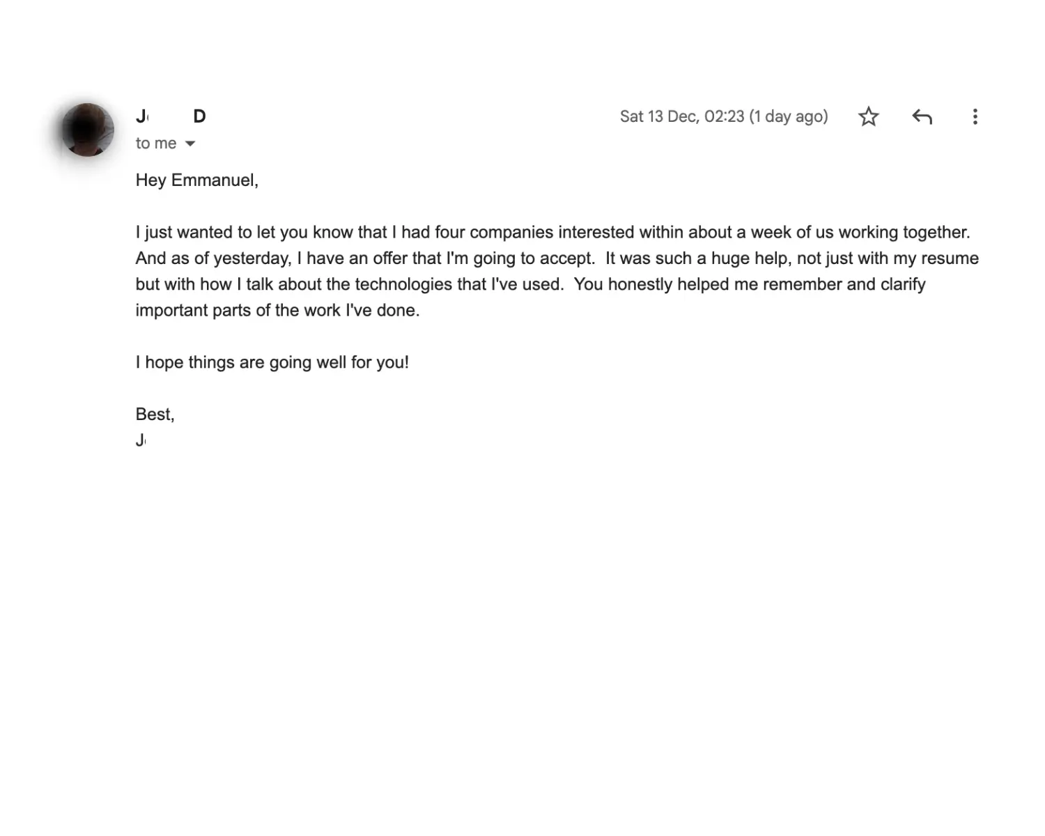 Client email confirming multiple interviews and accepted offer after resume rewrite