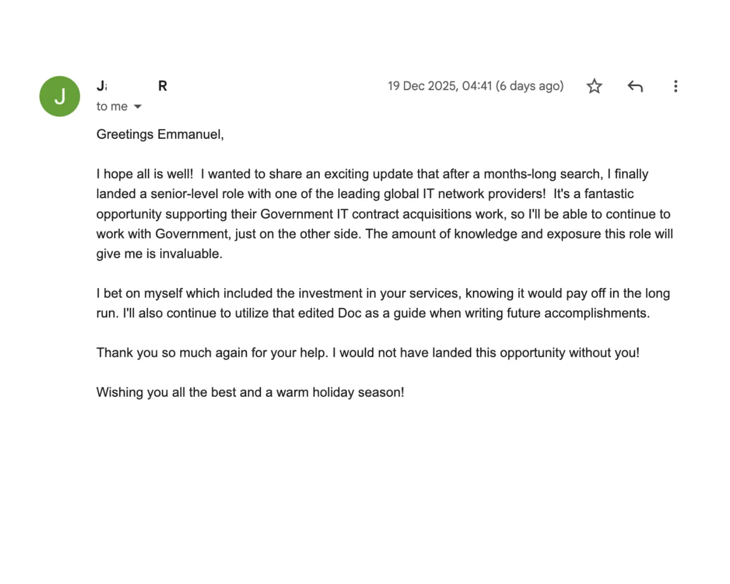 Client email confirming a senior-level role offer at a global IT network provider after working with TechieCV