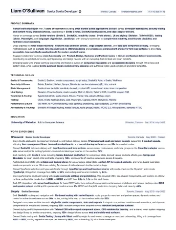 Svelte Developer resume template preview