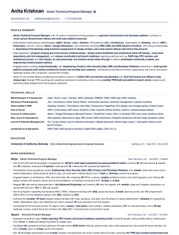 Technical Program Manager resume template preview