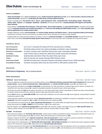 Vue Developer resume template preview